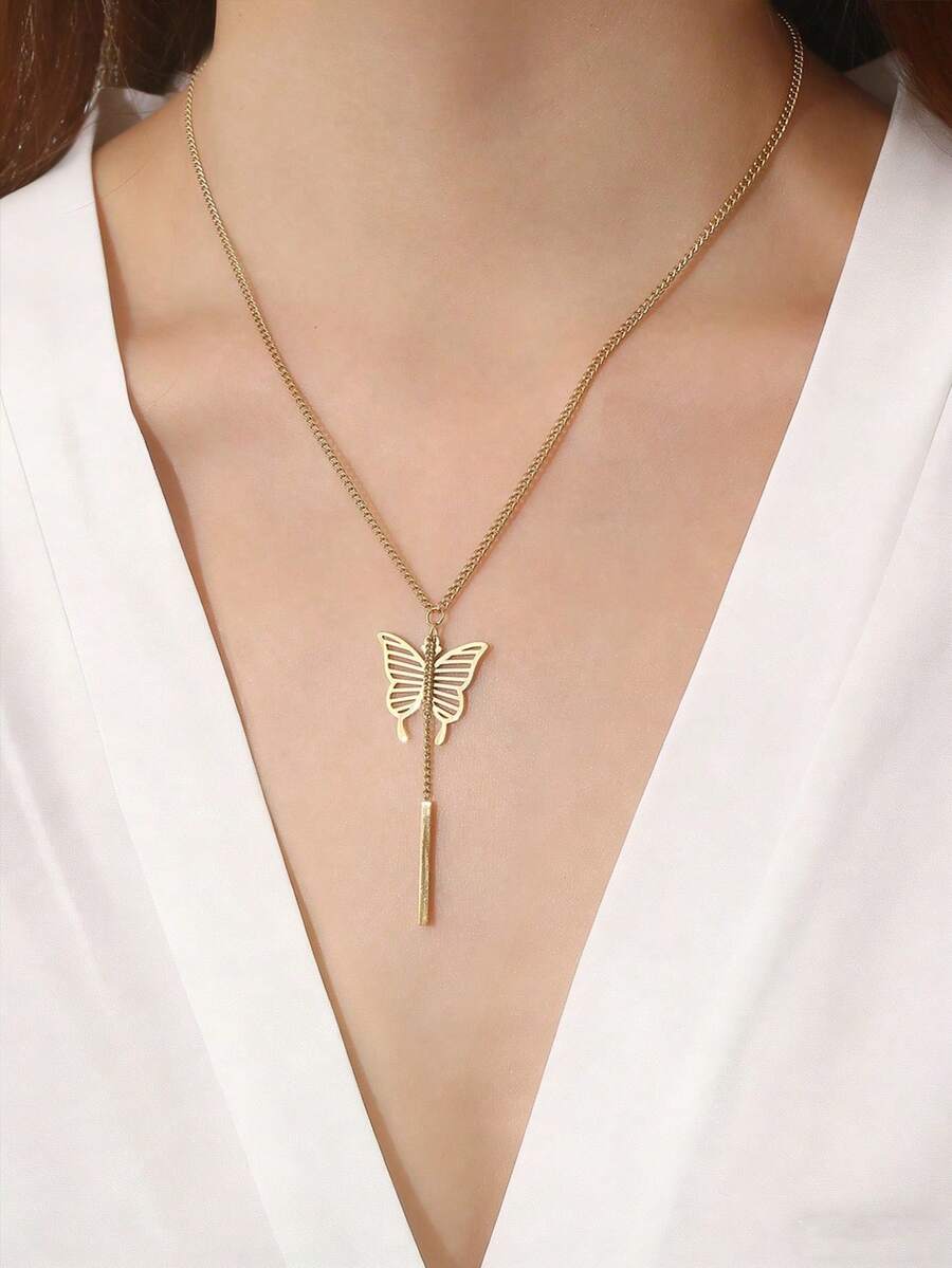 1 pieza Collar de acero inoxidable con diseño de mariposa en forma de Y, tono dorado, regalo perfecto para novia y amiga - Amarillo Oro - Ver 1