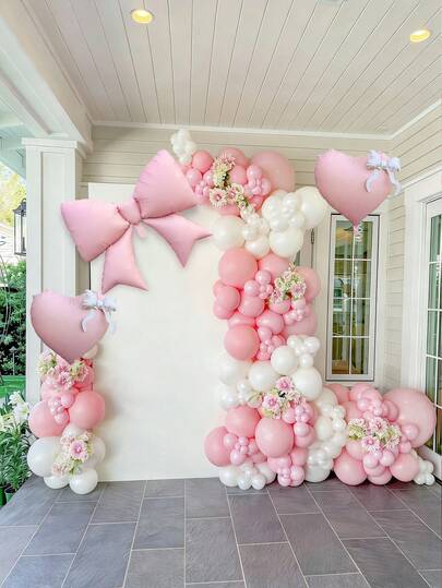 103件套粉白气球拱门套装，包含粉白乳胶气球、22英寸粉色蝴蝶铝箔气球，适用于生日派对装饰、婚礼、新娘送礼会、周年纪念、蝴蝶主题装饰、情人节、居家生日派对、拍照装饰、公主主题生日派对、下午茶派对、单身派对、户外网红装饰等场合。
