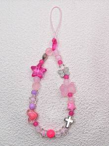1pc Y2K Pastel Purple & Pink, Bear, Butterfly, Star Cross Charm Phone Lanyard, Cute Bear Butterfly Star Strap, Suitable As Gift For Mother, Family, Friends, Birthday, Holiday, Phone Charm, Phone Strap - Pink - View 9