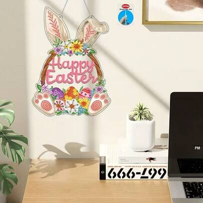 2D/Flat DIY Diamond Painting Hanging Plaque, Easter Bunny & Eggs DIY Decor Set, Gift, Holiday Decoration, Stunning In Sunlight, No Electricity Required