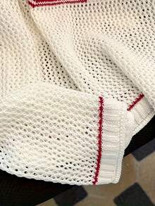 2026 New Retro 86 Number Print Knit Cover Up For Women, Red & White Contrast Star Pattern V-Neck Loose Sunscreen Top - Off White - View 5