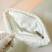 Christian Dior White Woven Plaid Cosmetic Bag, 3D Diamond Grid Pattern With Circular Weave Texture, Embossed Logo, Silver Metal Zipper, Made Of 100% Polyester (RPET) Durable Material. Soft White Satin Lining To Effectively Protect Cosmetics. - White - View 4