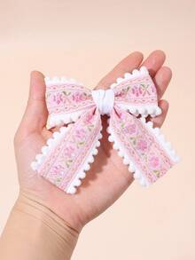 2pcs/Set Girls Pink Floral Embroidery Bow Hair Clips, Suitable For Spring/Summer Daily Wear, Teenage Hair Accessories - Multicolor - View 4