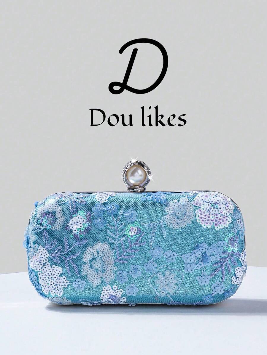 1pc Sequin Embroidered Evening Clutch Bag, Floral Sequin & Embroidery Design, Elegant Engagement Handbag For Cheongsam Dress, With Metal Chain, Suitable For Party, Wedding, Prom, Banquet - Màu xanh lam - Xem 1