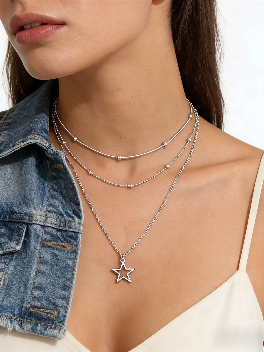 1 pieza Collar de estrella hueca multicapa, adecuado para el uso diario casual de las mujeres - Plateado - Ver 1