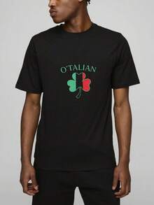 Men's T-Shirt, Women's T-Shirt,  St Patrick's Day Themed Designs Featuring,  O'talian Text Above A Shamrock With Italian Flag Colors Green White And Red On Black T-shirt Background Features Straw Hat Sunglasses White Sneakers And Jeans Comfortable And Versatile Outdoor Casual Short Sleeve - Negro - Ver 4