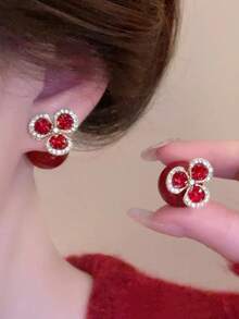 1对新款双面佩戴红色花朵和仿珍珠耳环，时尚百搭优雅节日耳环 - 紅色 - 查看 3