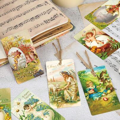 50pcs Vintage Bunny Chick & Eggs Easter Gift Tags With Hemp Rope - Cartoon Rabbit Happy Easter Hanging Label For Party Decorations & Gift Wrapping Supplies, Paper Gift Tags