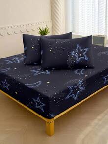 3件套时尚简约星月图案床上用品套装（1个床笠+2个枕套，不含枕芯） - 深藍色 - 查看 5