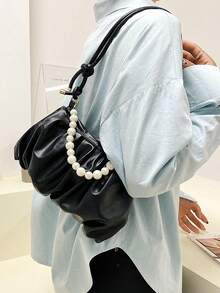 Bolso plisado de unicolor con perlas - Negro - Ver 5