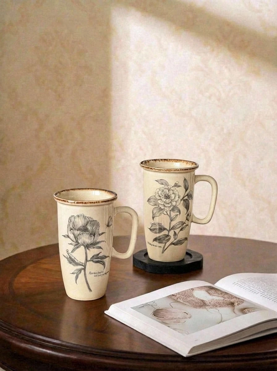 Cirelle 1 pieza Taza de cerámica vintage con estampado floral, taza de postre o queso de estilo vintage francés de lados altos, material de cerámica, estampado floral vintage, gran capacidad para capuchino, postre, jugo, uso casual, té de la tarde, oficina