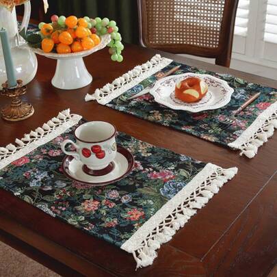 1pc/2pcs/6pcs Vintage Jacquard Textured Placemats, Luxurious Decorative Floral Tapestry Tasseled Dining Table Mats, Heat Insulation Food Serving Placemat