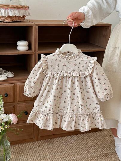 Korean Style Girls Ditsy Floral Long Sleeve Ruffle Hem Princess Dress, Suitable For Spring And Autumn