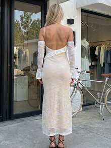 Women Floral Lace Dress Ruffles Trim Off-Shoulder Sleeve Backless Party Dress for Cocktail Vacation Club Streetwear - Blanco - Ver 6