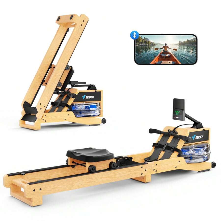 Water Rowing Machines For Home, Wood Rower Machine With 12 Enhanced Resistance Blades, Upgraded Handle, Adjustable Footpad, Dedicated Monitor & Bluetooth App - Redwood - View 1