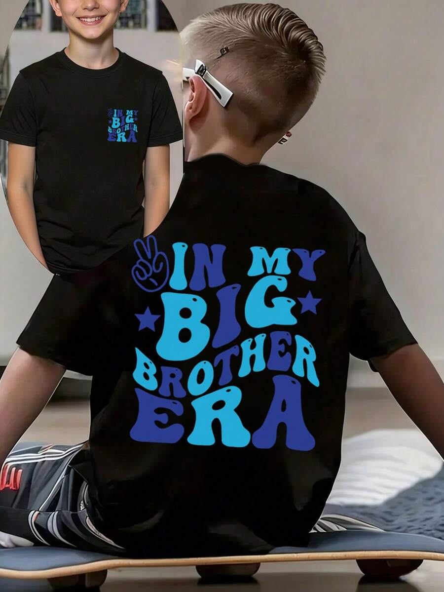 Tween Boy Casual Graphic Print Crew Neck Short Sleeve T-Shirt, Summer Top - Black - View 1