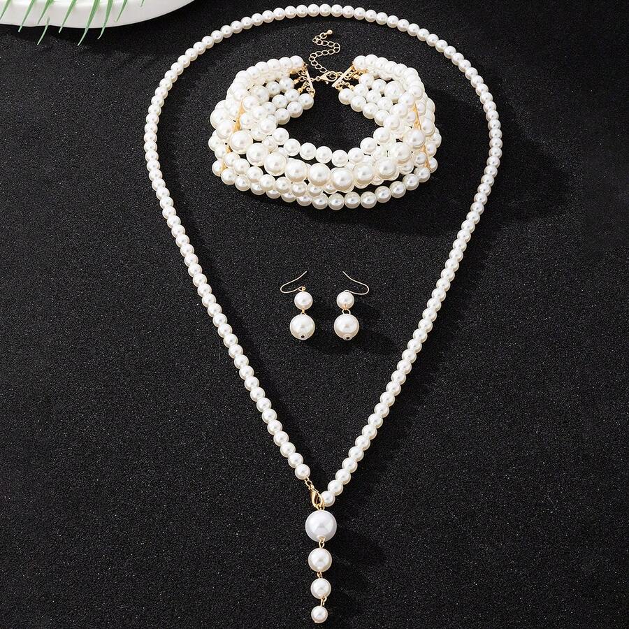 1条项链和1副耳环套装，女士珍珠项链，长款毛衣链，百搭奢华串珠首饰，2023新款 - 一套珍珠項鍊 - 查看 1