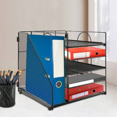 5-Tier Paper Letter Tray With Vertical File Holder, Desk Organizer For Office And Home, Sliding Tray Desktop Organizer With Mesh Design, Black Metal File Storage, 32*31*31. 5cm/12. 6*12. 2*12. 4in