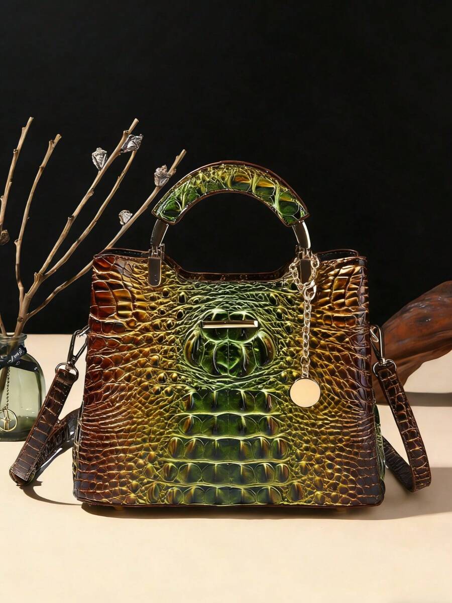 Elegant Crocodile Print Small Handbag, Fashionable Single-Shoulder Crossbody Wallet For Ladies, High-End Small Handbag With Multiple Compartments For Daily Use - 1#xanh lá cây+nâu - Xem 1