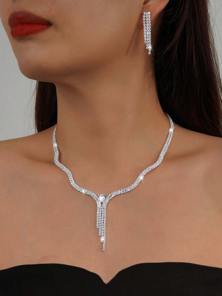 3件套简约优雅立方氧化锆首饰套装，含项链，适合日常佩戴、婚礼、派对、生日、节日等场合。 - 白色 - 查看 1