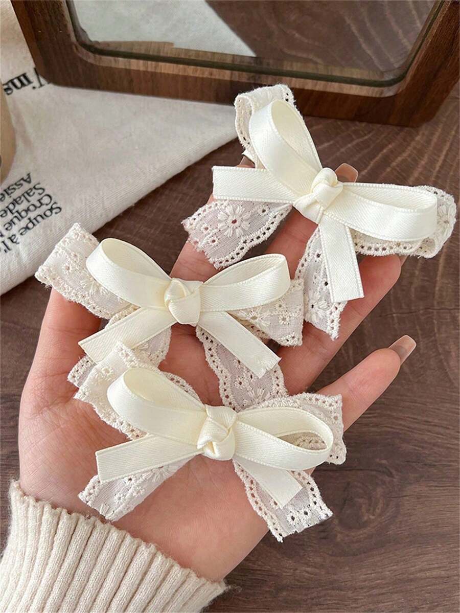 1-10个装 超仙气蕾丝蝴蝶结发夹 女士洛丽塔侧夹 刘海夹 甜美马尾夹 - 蕾絲-雙層米色髮夾 - 查看 1