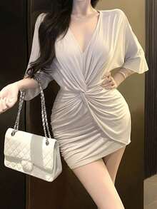 V-Neck Dress For Women, Summer Design Niche Pleated Twist Waist Fitted Bodycon Mini Skirt - Khaki - View 1