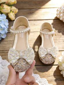 Sapatos Confortáveis de Menina Flor com Laço Brilhante e Decoração de Pérola para Meninas Pequenas - Dourado - Visão 4