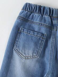 女童Y2K休闲街头风复古可爱百搭褶皱松紧腰牛仔长裤，春夏秋季款 - 中等水洗藍 - 查看 5