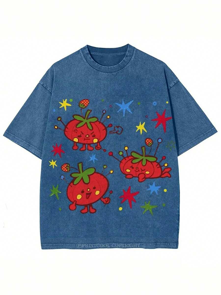 2026 Washed Cotton, Cute Tomato Party Print T-Shirt, High-Quality Wax-Printed Cotton Retro Fashion Brand T-Shirt, Unisex T-Shirt, Popular Daily Wear T-Shirt, Holiday Gift, Perfect Present, Graphic Tees Women, Graphic Tee, Shirts - 寶藍色 - 查看 1
