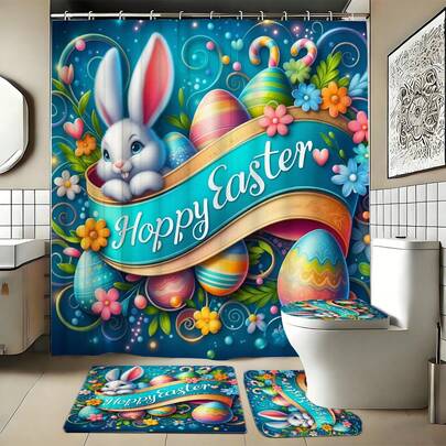 1/3/4PCS Spring/Summer Easter Ribbon Bunny Egg Bathroom Set (4 Pieces) Home Decor, Bathroom Curtain, Bathroom Set, Including Shower Curtain And Shower Curtain Set. This Decorative Bathroom Set Includes A Shower Curtain, U-Shaped Toilet Seat Cover, Non-Slip Mat, Toilet Seat Cover, And 12 Shower Curtain Hooks. Suitable As A Housewarming Gift, Birthday Gift, Holiday Gift, Or A Gift Between Boyfriends/Girlfriends.