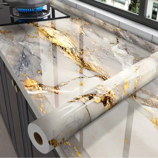 Easily Achieve A Luxurious Home Decor Style, Gold-Plated Marble-Patterned Wallpaper, Waterproof And Heat-Resistant Sticker, Washable, Kitchen And Bathroom Decor Upgrade