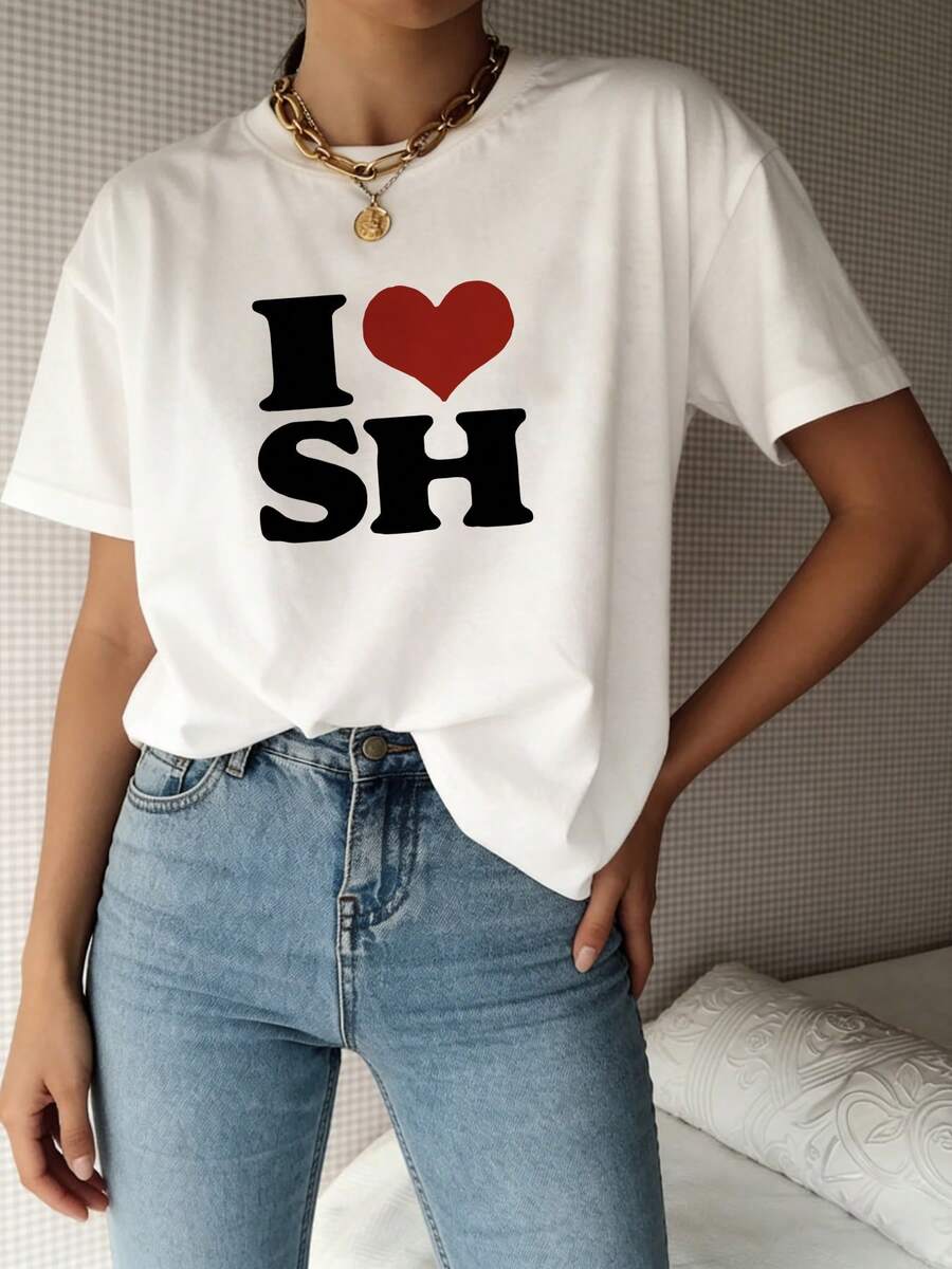 Women's White "I Love SH" Heart Print T-Shirt - Loose-Fitting Short-Sleeved, Soft, Comfortable, Breathable, Aesthetically **, Casual Summer Top (2026 Style) - 魏斯 3 - 查看 1