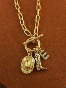 1pc Retro Classic Letter Western Cowboy Hat Pendant, With Gold Stainless Steel Paperclip Chain, Women Necklace - Yellow Gold - View 23