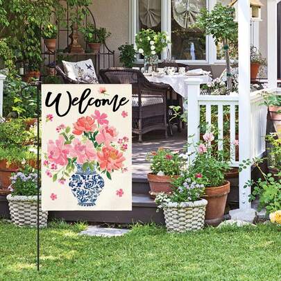علم حديقة خارجي ثنائي الوجه بمقاس 30.48 * 45.72 سم، بتصميم زهرة البيونية الوردية ذو موضوع ربيعي، بطراز صيني أزرق وأبيض، علم ترحيبي موسمي للمنزل