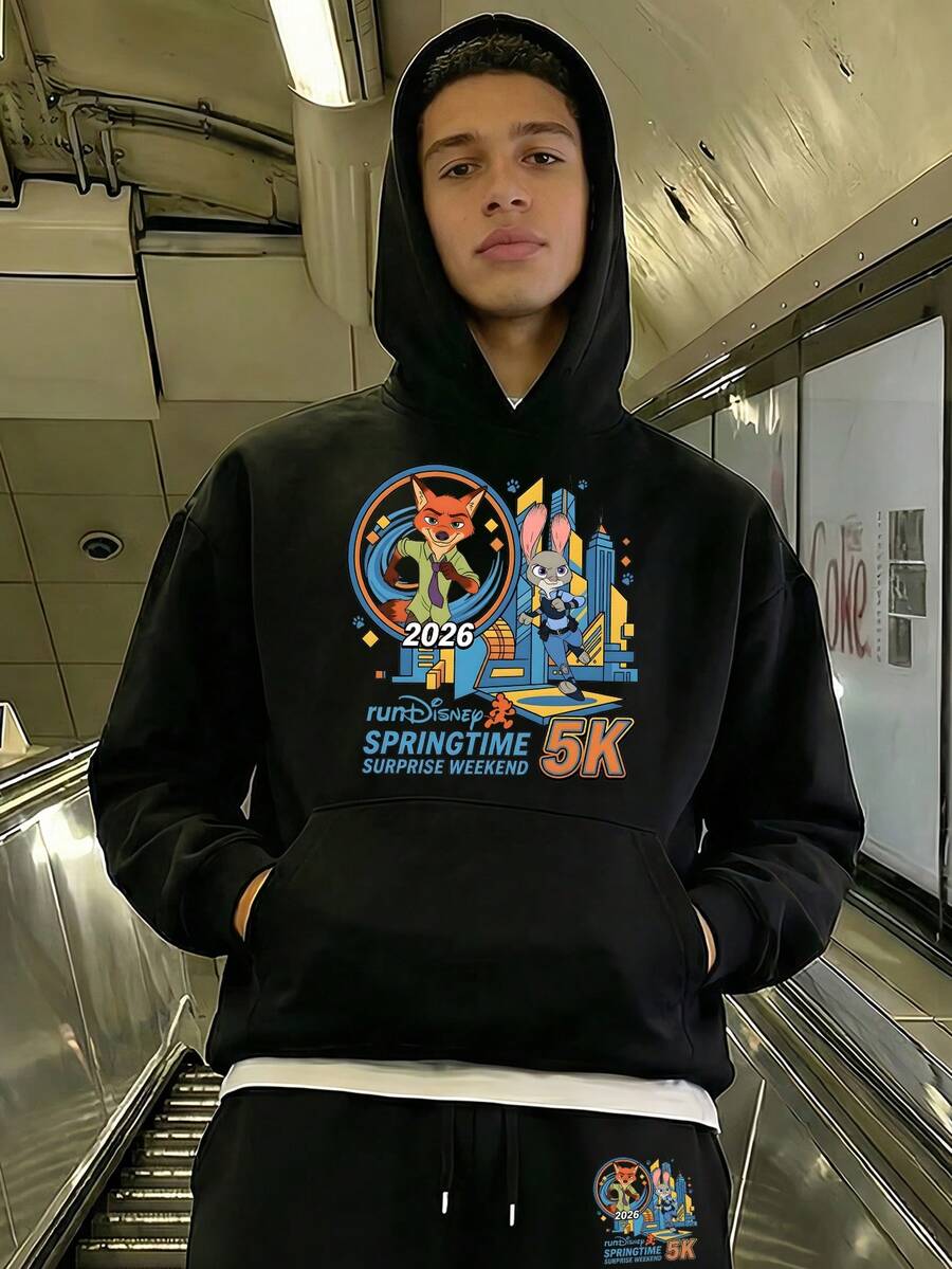 Men's Crewneck Sweatshirt And Sweatpants Set Featuring A Disney Zootopia Nick And Judy Design And The "Disney Parkour" Slogan. This Comfortable Two-Piece Men's Hoodie And Sweatpants Set Makes A Perfect Gift For Men. - 黑色 - 查看 1