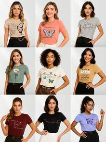 Set Of 6 Women's T-Shirts, Women's Clothing, 100% Premium Cotton Knit - 彩色 - 查看 4