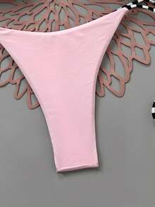 Conjunto de bikini de vacaciones de verano para mujer con rayas, escote halter y lazos, color rosa - Rosa - Ver 5