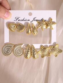 2-12pcs Fashionable New Starfish, Seashell, Shell Gold-Color ABS Plastic Earring Set, Suitable For Summer Travel And Vacation Wear - Gold - View 2