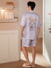 Gongdie 迪士尼玛丽猫男士睡衣套装（2件套），短袖白色睡衣，透气情侣家居服 - 霧霾藍 - 查看 2