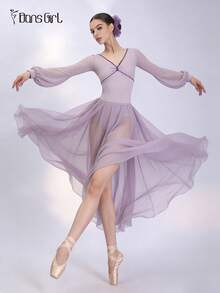 DonsGirl Áo liền quần ba lê nữ - Cổ nơ thanh lịch và tay áo phồng | Thích hợp cho biểu diễn múa, thể dục dụng cụ, trượt băng nghệ thuật mùa xuân - Bụi tím - Xem 6