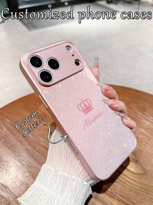 1pc Customized Name, Pink Glitter Minimalist Crown & Heart Pattern Creative Phone Case, Compatible With Samsung S24 Ultra/S25 Ultra And Apple 17 Pro Max/16 Pro Max/15 Pro/14 Plus/13 Pro/12 Pro Max/11/Xs Max/8/7/6 Plus, Suitable As Birthday Gift, For Girlfriend/Boyfriend Or Personal Use - Pink - View 1