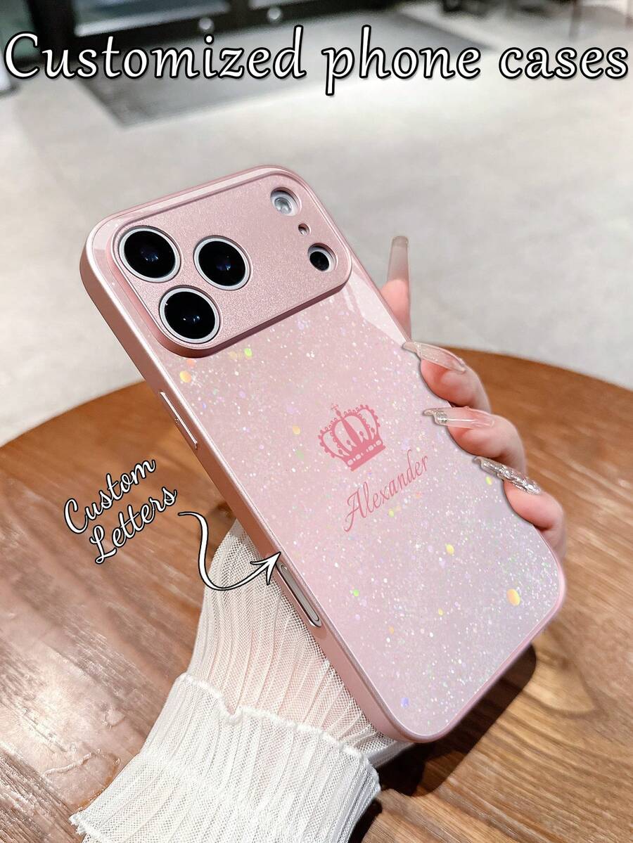 1pc Customized Name, Pink Glitter Minimalist Crown & Heart Pattern Creative Phone Case, Compatible With Samsung S24 Ultra/S25 Ultra And Apple 17 Pro Max/16 Pro Max/15 Pro/14 Plus/13 Pro/12 Pro Max/11/Xs Max/8/7/6 Plus, Suitable As Birthday Gift, For Girlfriend/Boyfriend Or Personal Use - Pink - View 1
