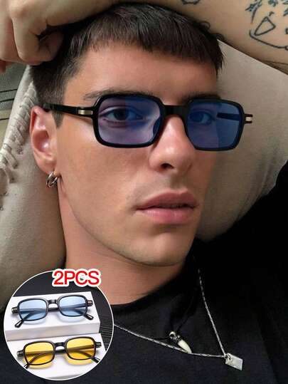 2 PCS Men's Square Fashion Glasses Solid Color Polycarbonate Frame Soft Tinted Lenses Casual Style Suitable For Vacation Outing With Glasses Box