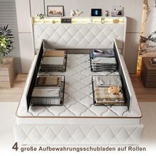 Caluself 90/140/60 X 200 Cm Bed Frame, Single Bed With 2 Drawers, Double Bed With 4 Drawers, Upholstered Bed, Youth Bed Frame, Drawer Bed, Velvet - 米色 - 查看 7