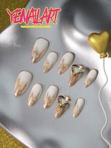 10件套圣诞主题美甲贴片，欧式风格，金色、白色、肤色边缘渐变，闪粉点缀，3D立体心形水钻装饰，优雅全覆盖亚克力美甲贴片，色彩丰富，魅力十足，手工制作圣诞美甲贴片，优雅设计，适合女性和女孩参加派对、婚礼和日常佩戴，包含工具包，是送给女性和女孩的绝佳礼物。 - 金色 - 查看 2