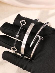 2pcs Stainless Steel Nail & 4-Leaf Clover Bracelet And Matching 4-Leaf Clover Bracelet Set, Suitable For Women's Daily Wear, Christmas Gift, Holiday Giving - Gold Two Piece Set - View 17