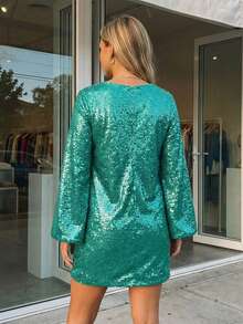 Women's Glitter Sparkle Mini Dress Long Sleeve V Neck Shiny Sequin Slim Cocktail Dress Dress For Club Party - 綠色 - 查看 6