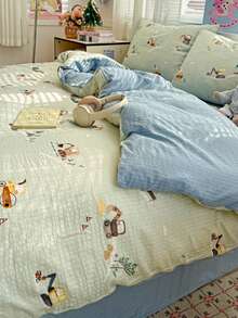 儿童床上用品套装，卡通挖掘机印花图案，4件套，包含1个被套、1个床单和2个枕套，系带拉链设计，适合男孩女孩，卧室和宿舍适用，100%涤纶材质，被套和枕套不含被芯，四季皆宜。 - 薄荷藍 - 查看 4