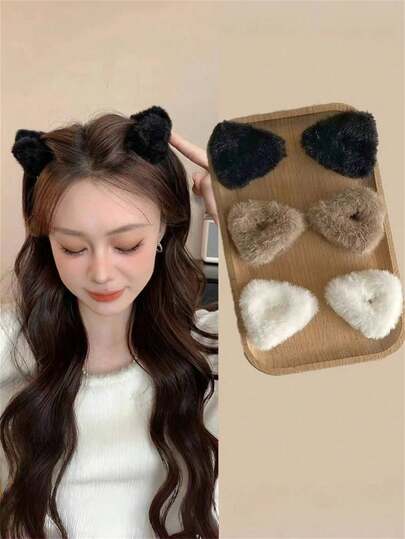 2pcs Cute Plush Cat Ear Triangle Shaped Hair Clips, Bangs Styling Accessories, Small Decorative Adorable Fabric Hair Clips, Suitable For Daily Wear, School Supplies, College Girls Autumn/Winter Hair Accessories, Suitable For Vacation Outfits Summer Outfits Claw Clips