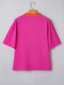 Acelitt V领短袖女式上衣，常规下摆，V领开衩面料衬衫 - 玫瑰紅 - 查看 5